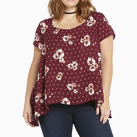 TORRID Blouse, 2/2X, Burgundy Floral, Sharkbite, Semi-sheer, Short sleeves - Picture 9 of 9